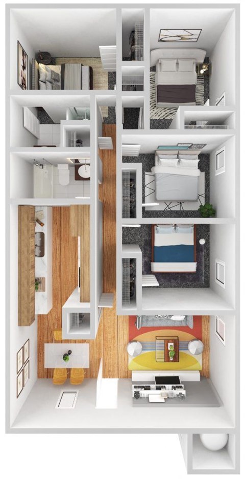 A 3D floor plan of a small apartment with a kitchen, living room, and bedroom.